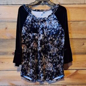 Cato Black and Blue Floral Long Sleeve Top